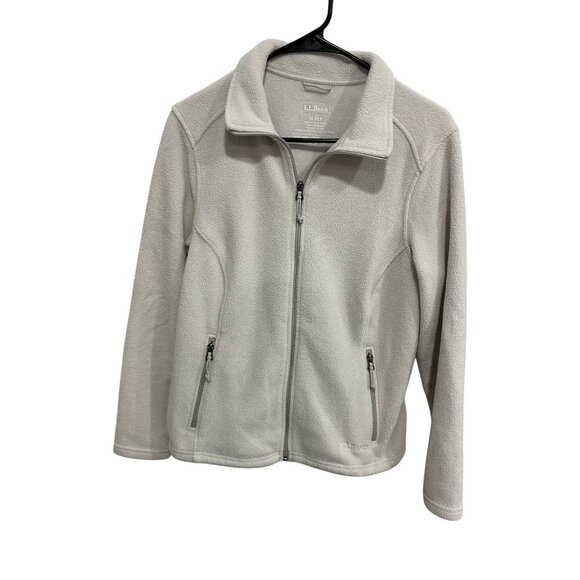 L.L. Bean Full Zip Fleece Jacket Light Gray Sz Medium Petite Polyester Outdoor - Picture 1 of 8